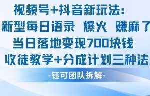 视频号加抖音新玩法：爆火新型每日语录，收徒教学加分成计划，三种变现玩法，当日变现7张