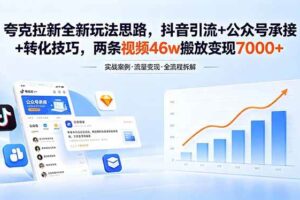 (18416期)夸克拉新全新玩法思路,抖音引流+公众号承接+转化技巧,两条视频46w搬放 变现7000+