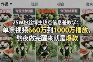 (18870期)25W粉丝博主热点信息差教学-更新:单条视频660万到1000万播放,熬夜做完醒来就是爆款