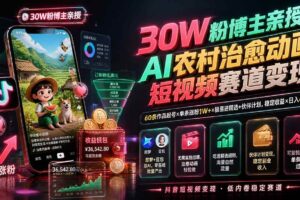 （19648期）30W粉博主亲授AI农村治愈动画短视频赛道变现：60条作品起号×单条涨粉1W+×极易进精选+伙伴计划，稳定收益×日入400+