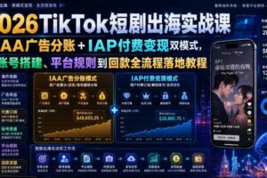 2026TikTok短剧出海实战课｜IAA广告分账+IAP付费变现双模式，从账号搭建、平台规则到回款全流程落地教程