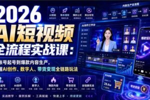 2026 AI短视频全流程实战课：从账号起号到爆款内容生产，掌握AI创作、数字人、带货变现全链路玩法
